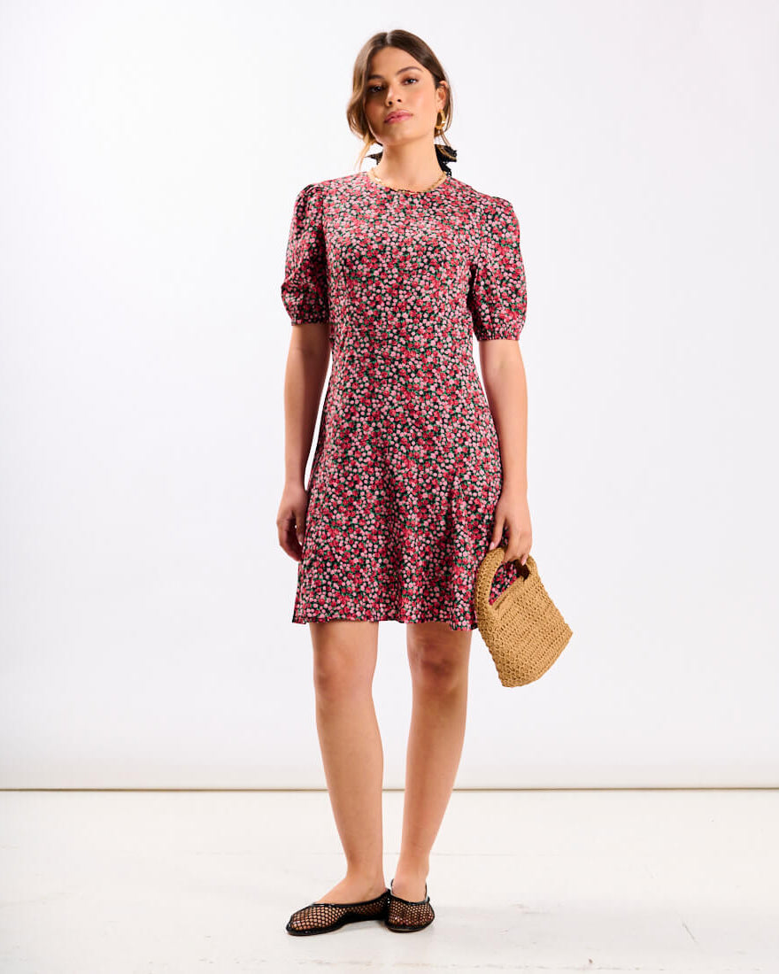 Red Floral Puff Sleeve Mini Dress