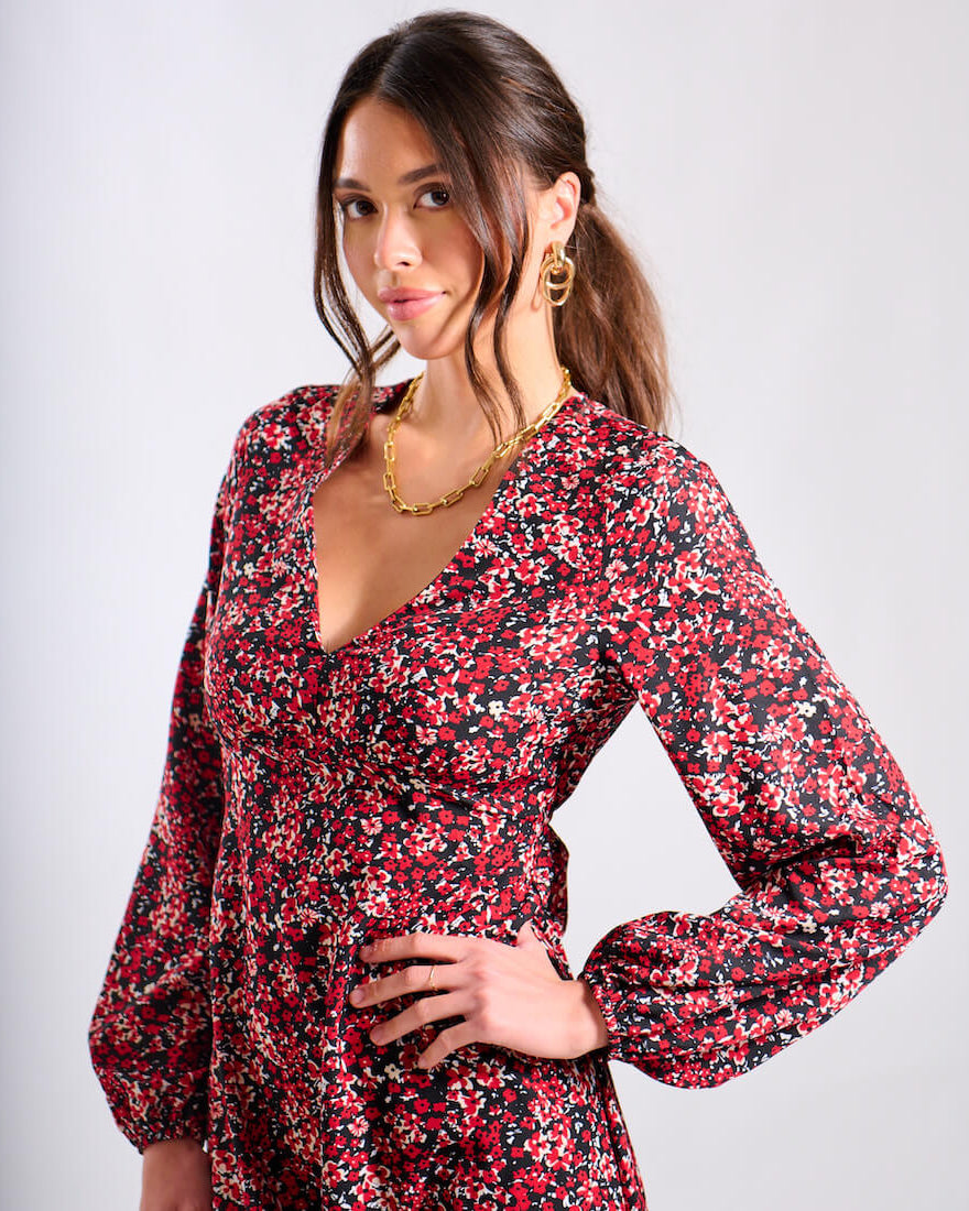 Red Floral Printed Long Sleeve Midi Dress