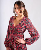 Red Floral Printed Long Sleeve Midi Dress