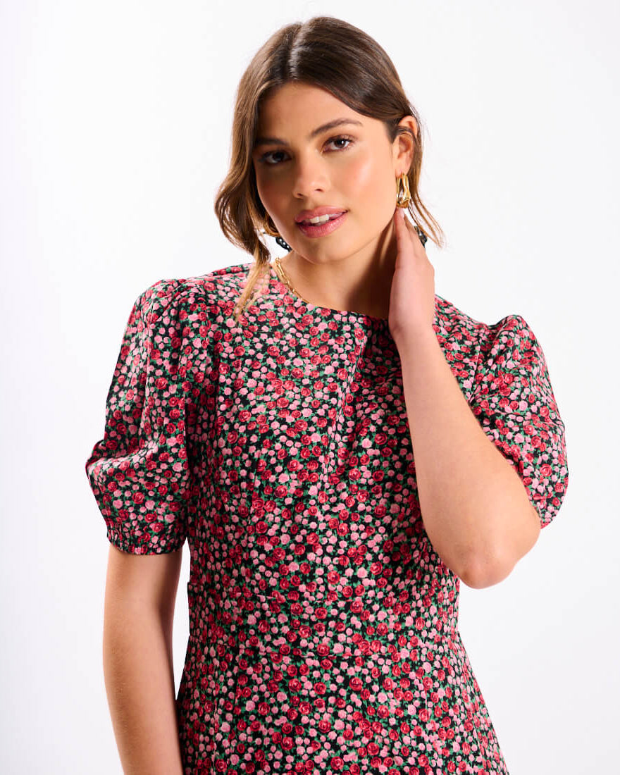 Red Floral Puff Sleeve Mini Dress