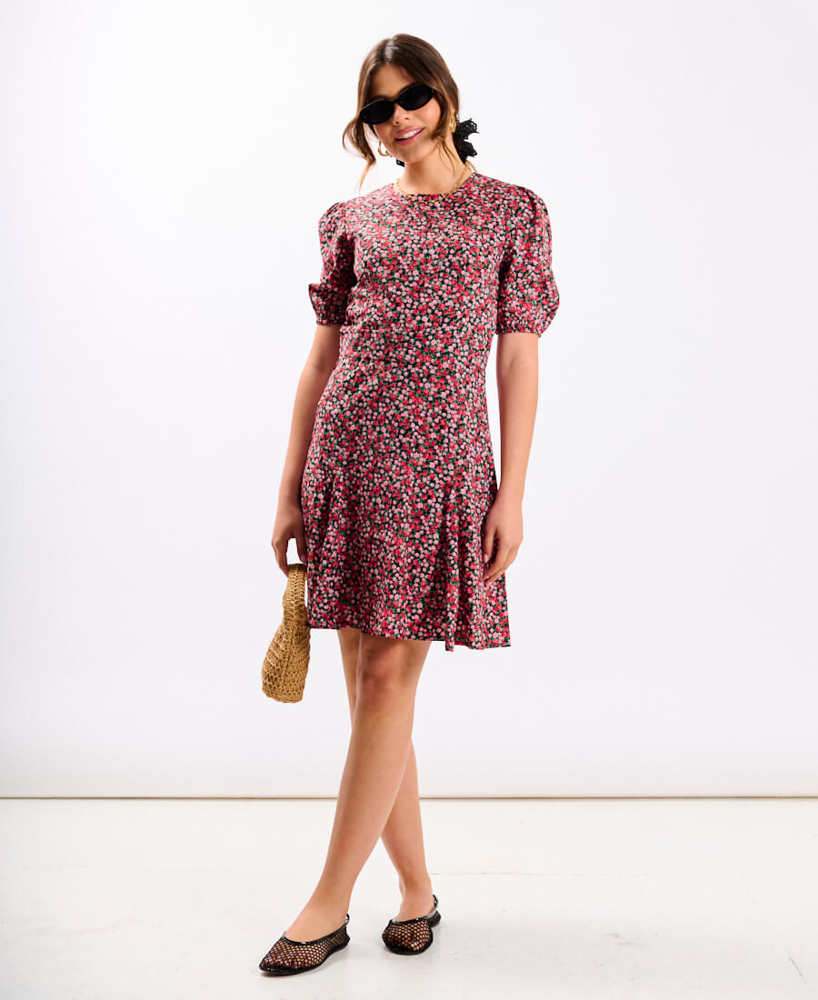 Red Fall Flower Print Long Sleeve Mini Dress