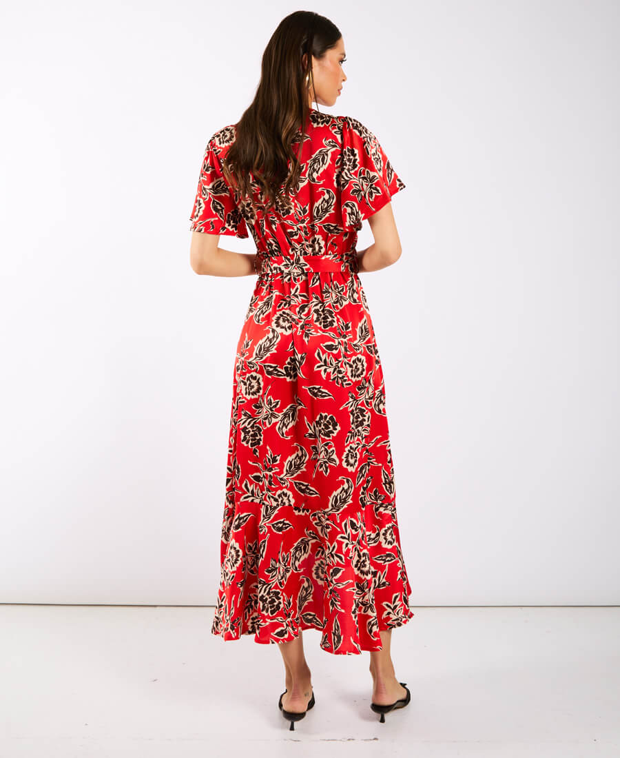 Red Floral Satin Wrap Midi back