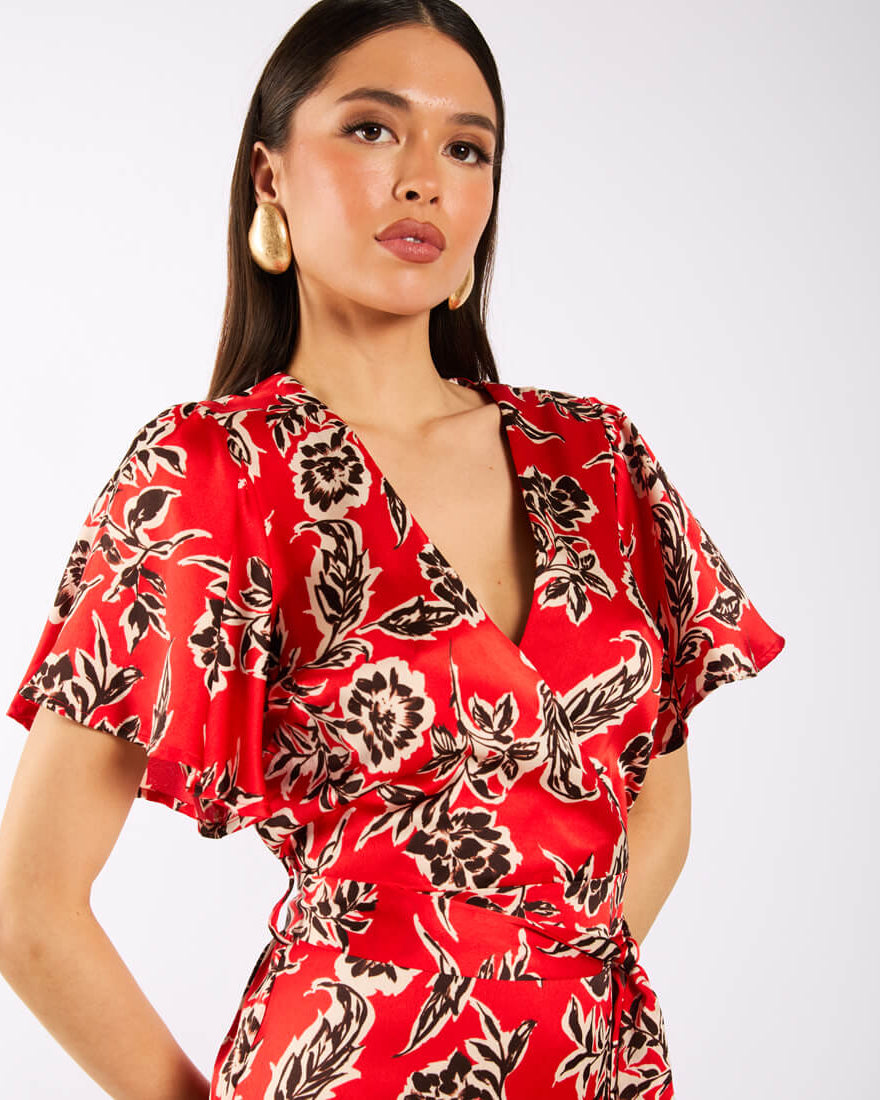 Red Floral Satin Wrap Midi dress