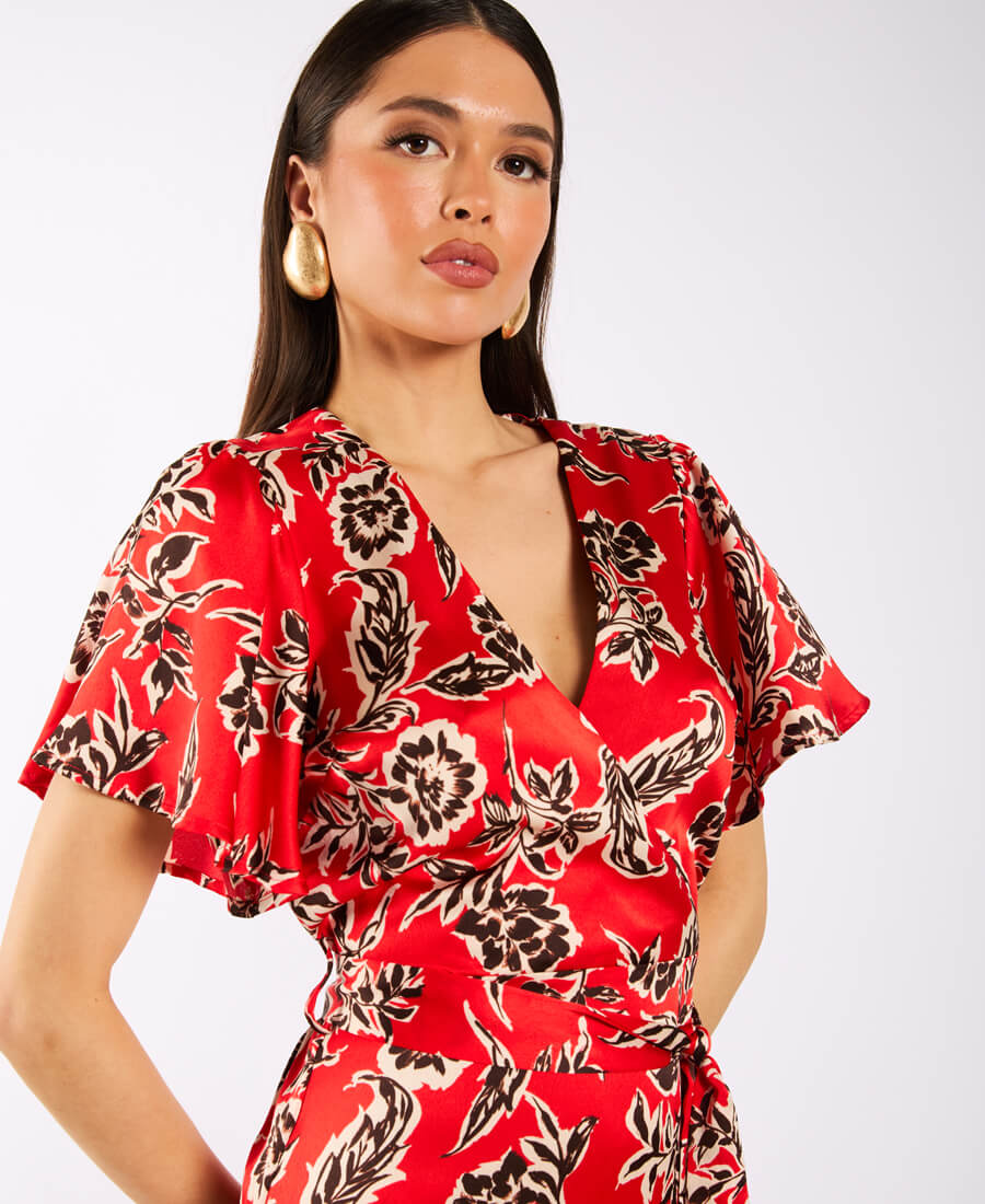 Red Floral Satin Wrap Midi dress