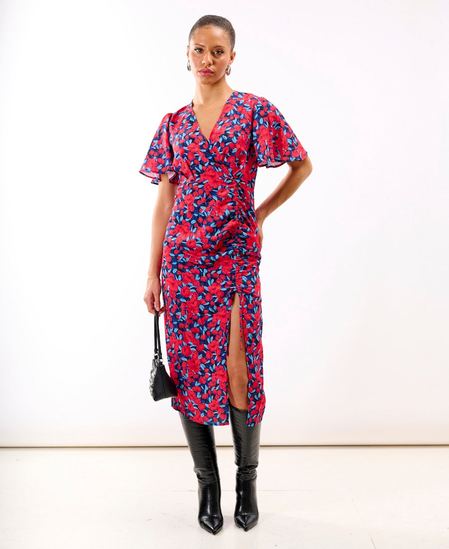 Red Floral Wrap Midi Dress