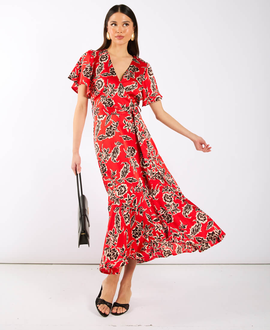 Red Floral Wrap Midi Dress