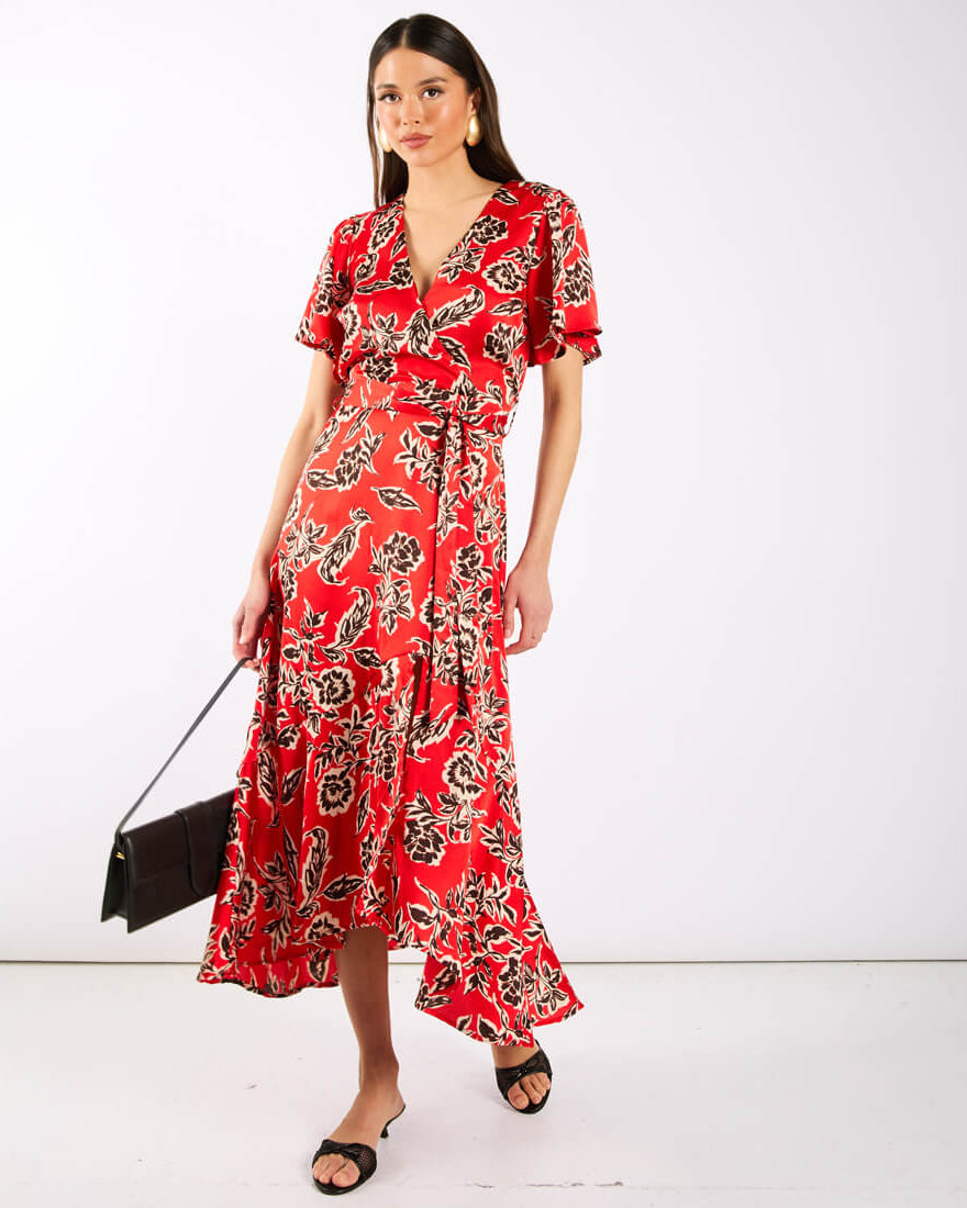 Red Floral Wrap Midi Dress