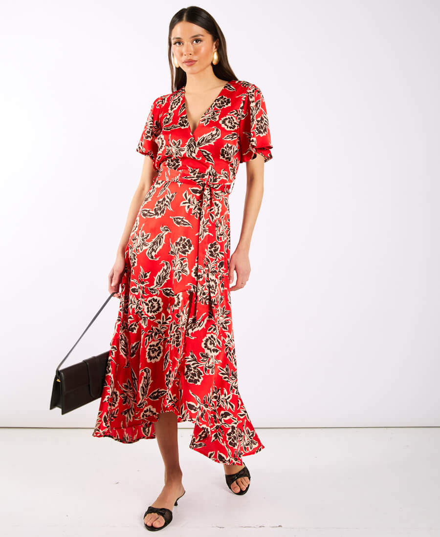 Red Floral Wrap Midi Dress
