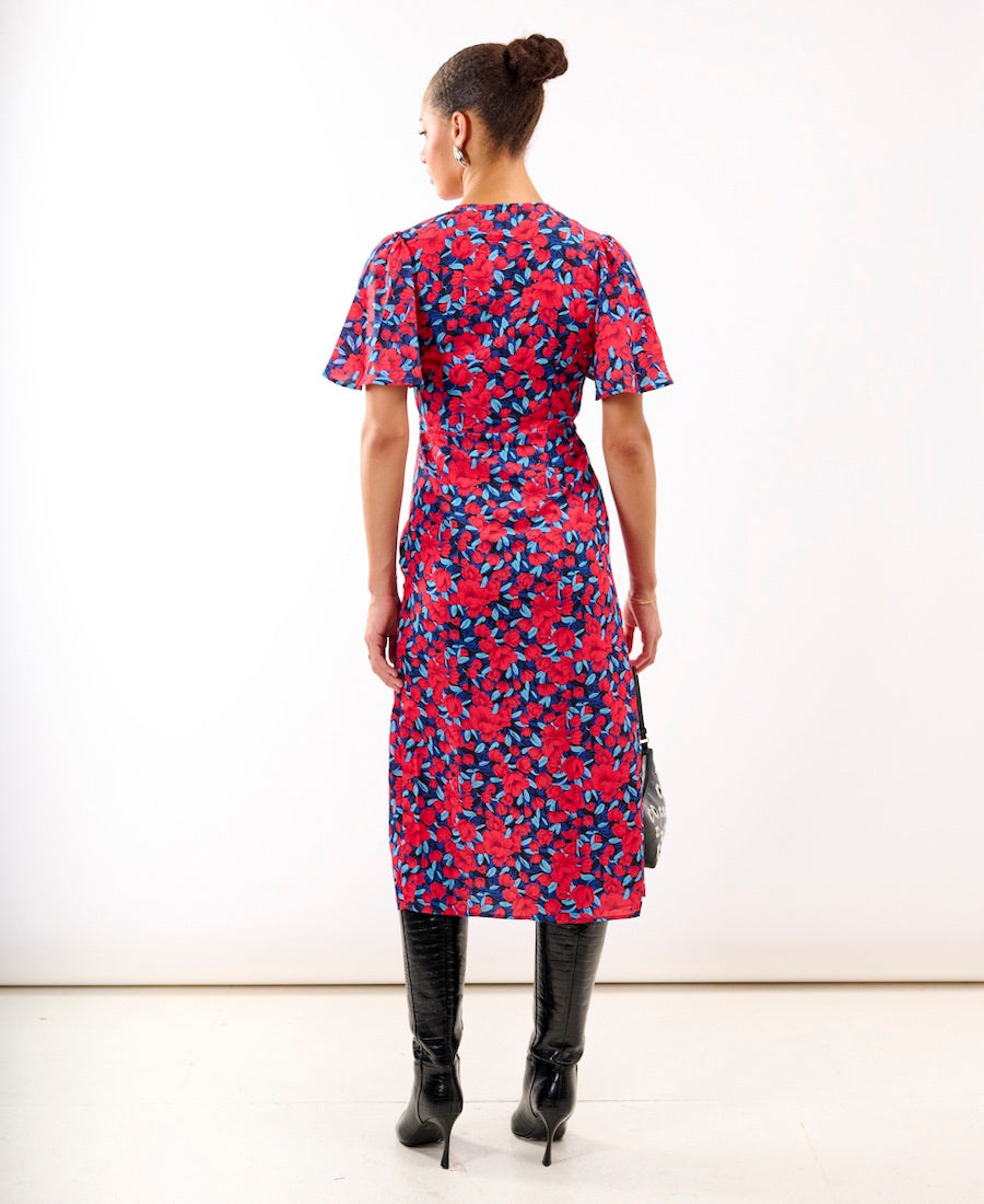 Red Floral Wrap Midi Dress