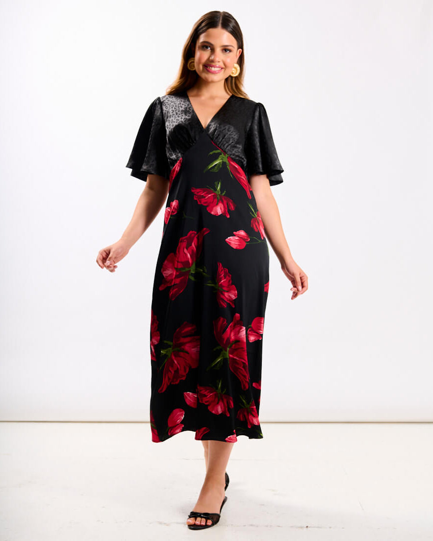 Red Floral Animal Mix Midi Dress