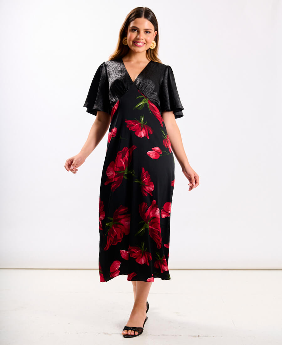 Red Floral Animal Mix Midi Dress