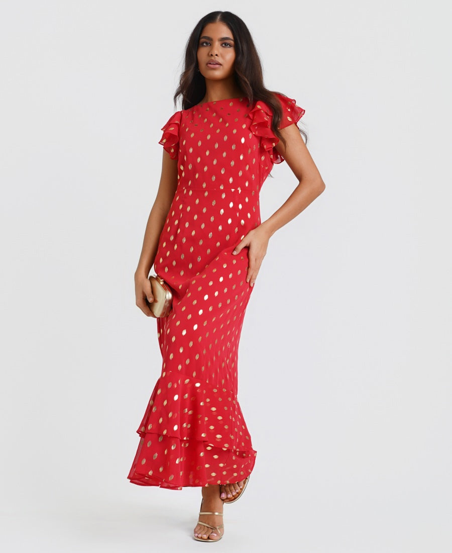 Red Flutter Sleeve Foil Midaxi Dress