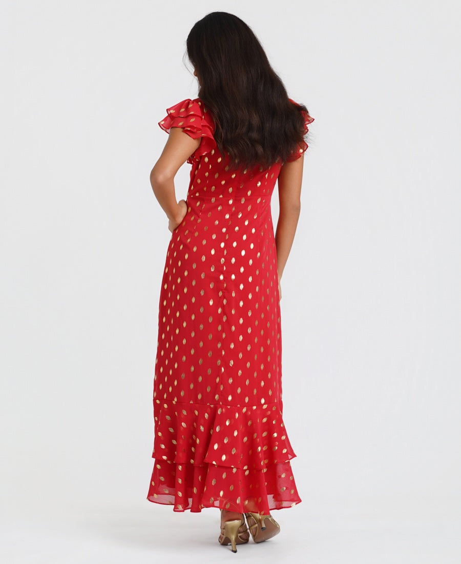 Red Flutter Sleeve Foil Midaxi Dress back