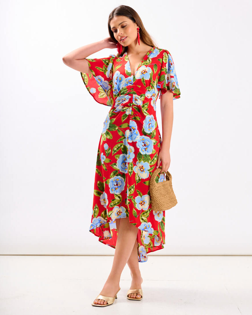 Red Oversize Floral Ruche Midi Dress