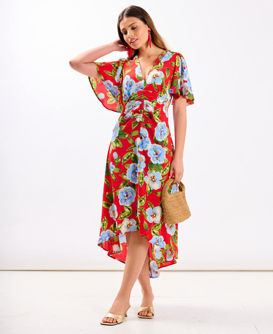 Red Oversize Floral Ruche Midi Dress
