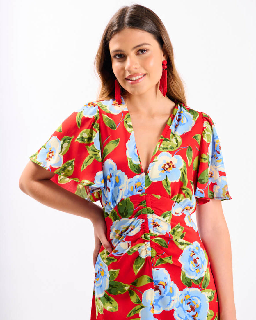 Red Oversize Floral Ruche Midi Dress