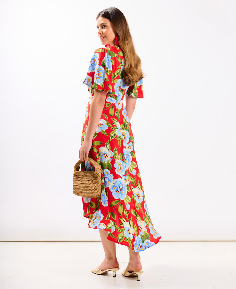 Red Oversize Floral Ruche Midi Dress