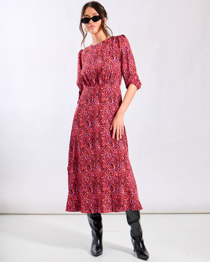 Red Animal Sleeve Midi Dress