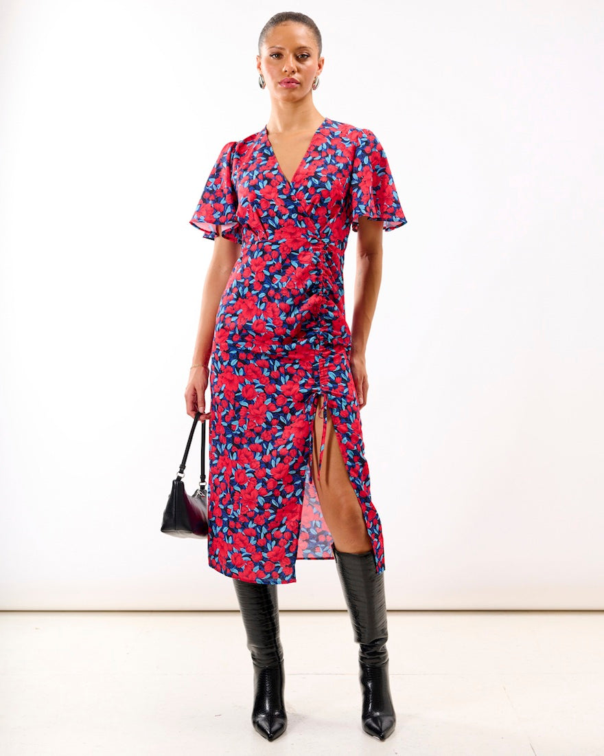 Red Floral Wrap Midi Dress