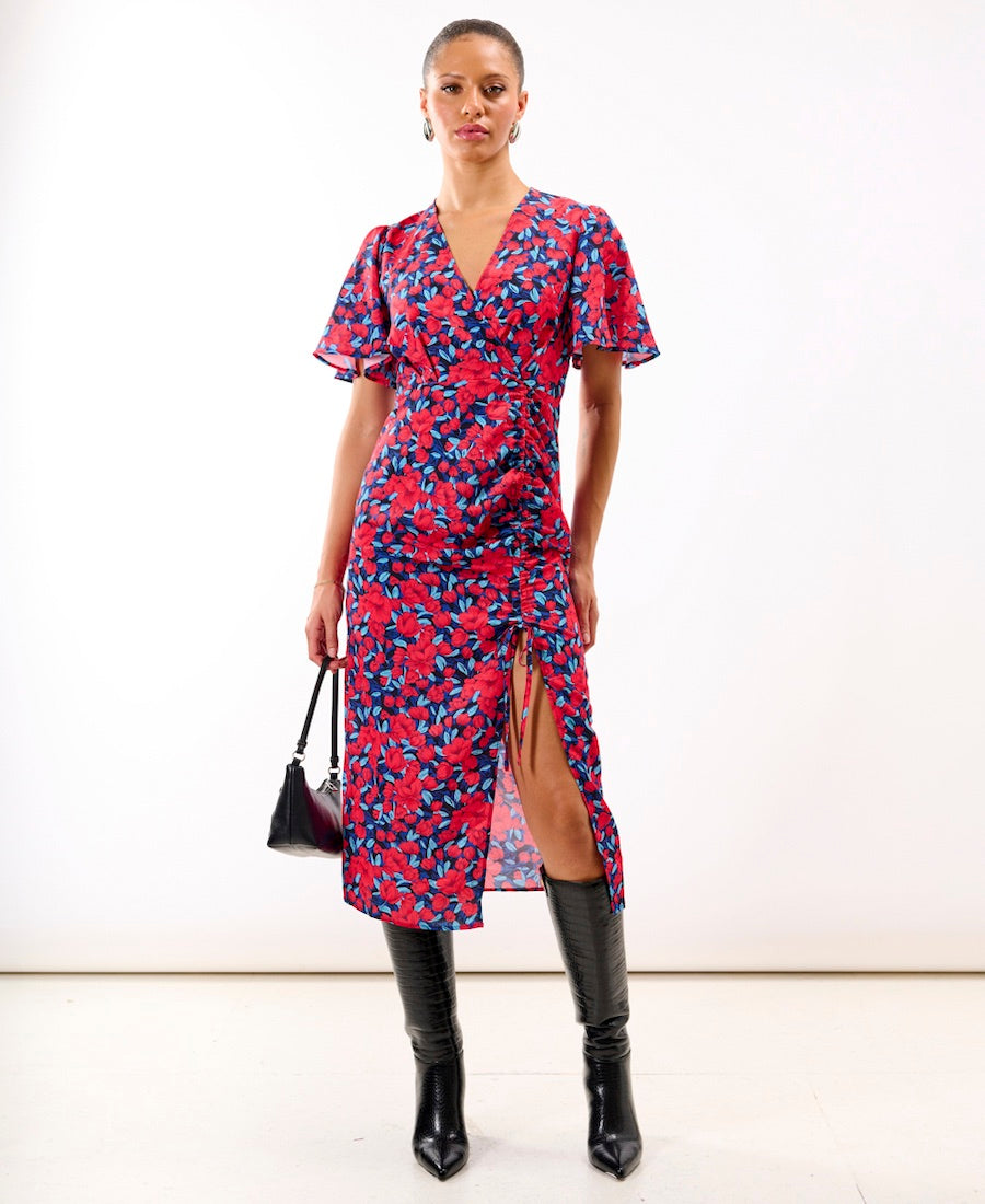 Red Floral Wrap Midi Dress
