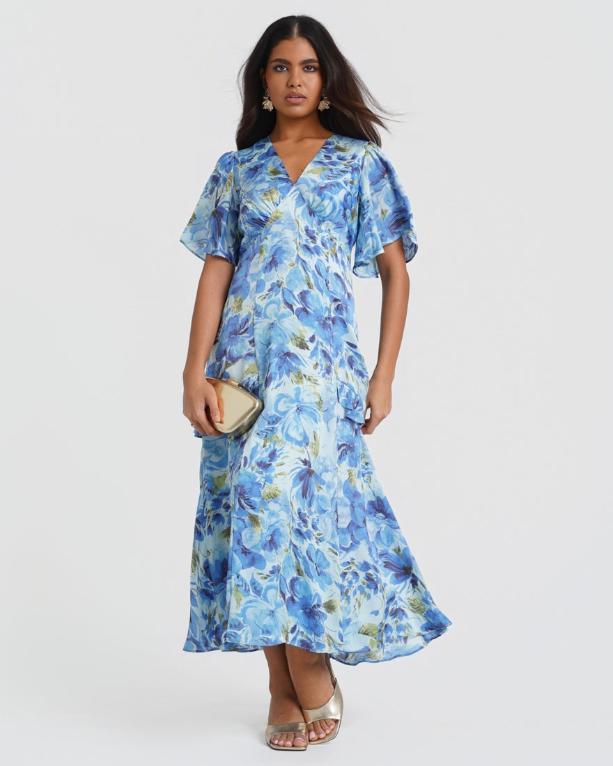 Ruffle Blue Floral Midi Dress