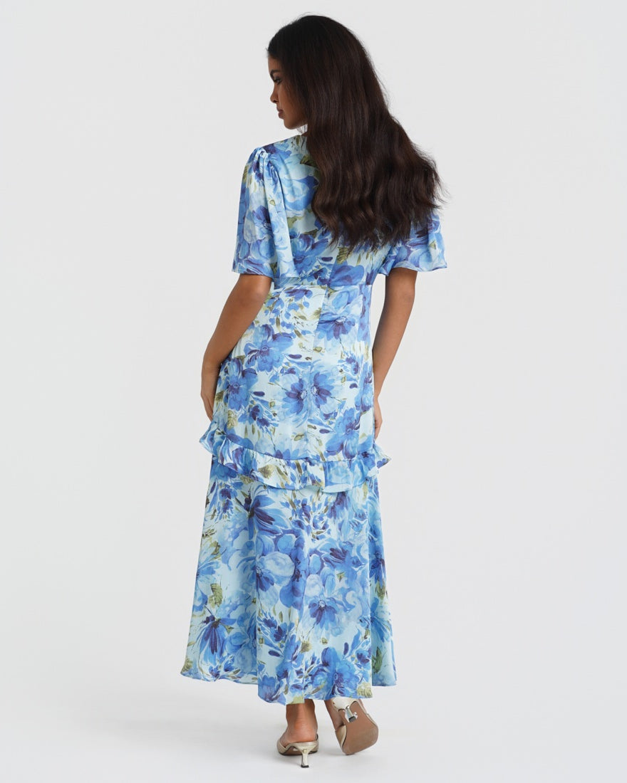 Ruffle Blue Floral Midi Dress back