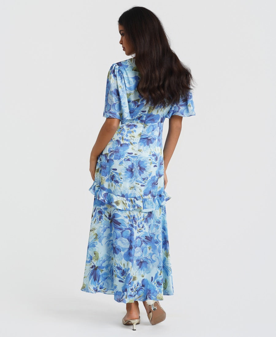 Ruffle Blue Floral Midi Dress back