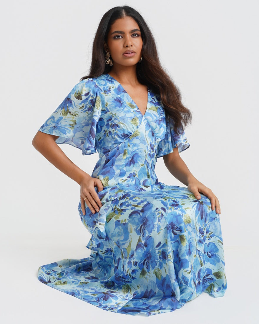 Ruffle Blue Floral Wedding Guest Midi Dress