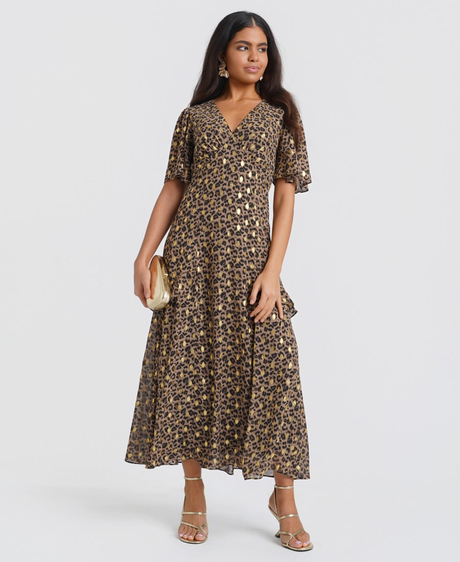 Ruffle Animal gold Foil Midi Dress