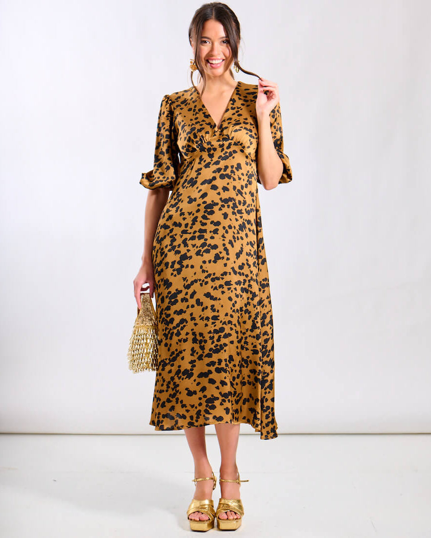 Satin Brown Leopard Midi Dress