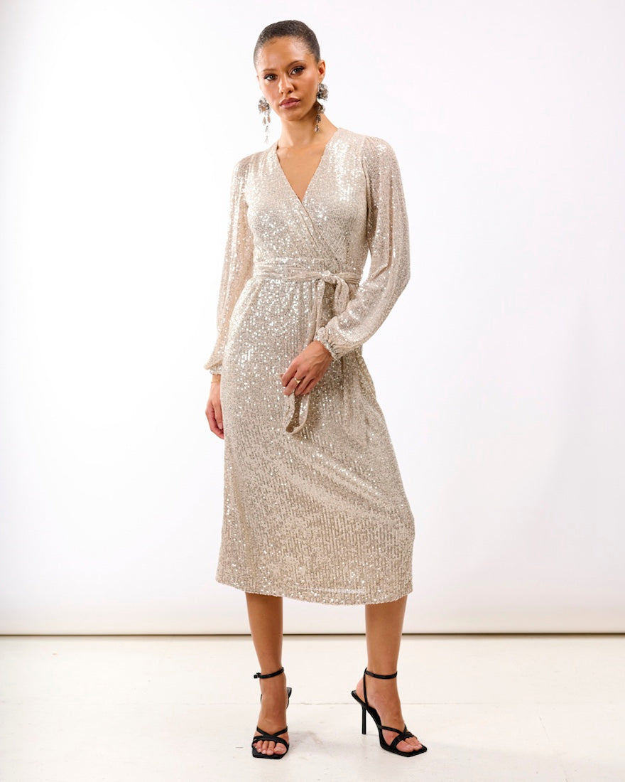 Cream Sequin Wrap Midi Dress