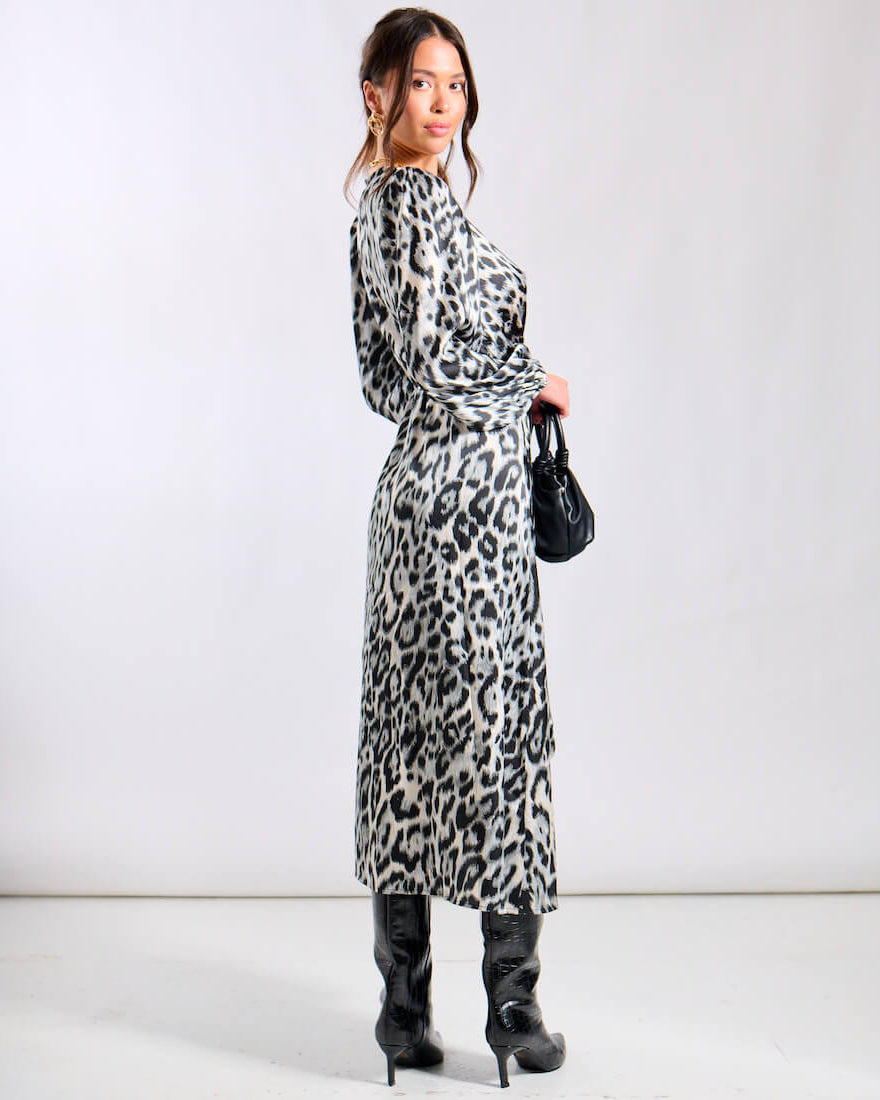 Silver Animal Tie Front Midi Dress