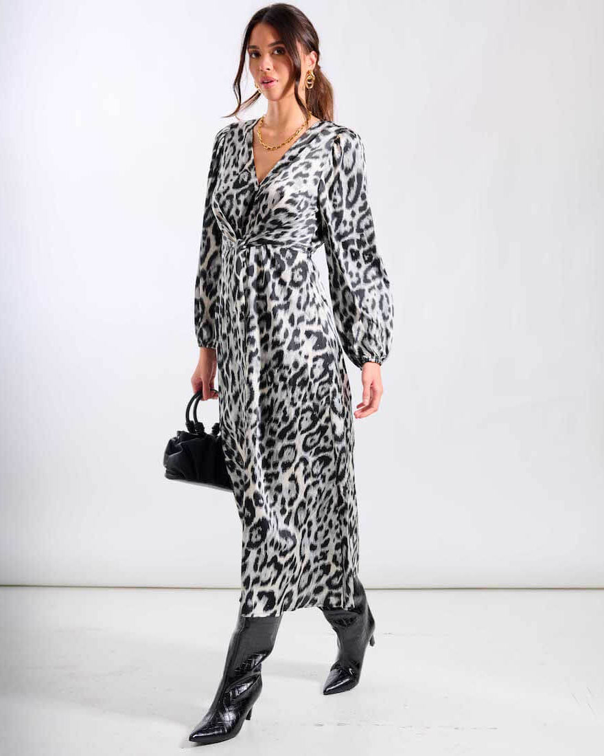 Silver Front Tie Midi Dress Animal Print