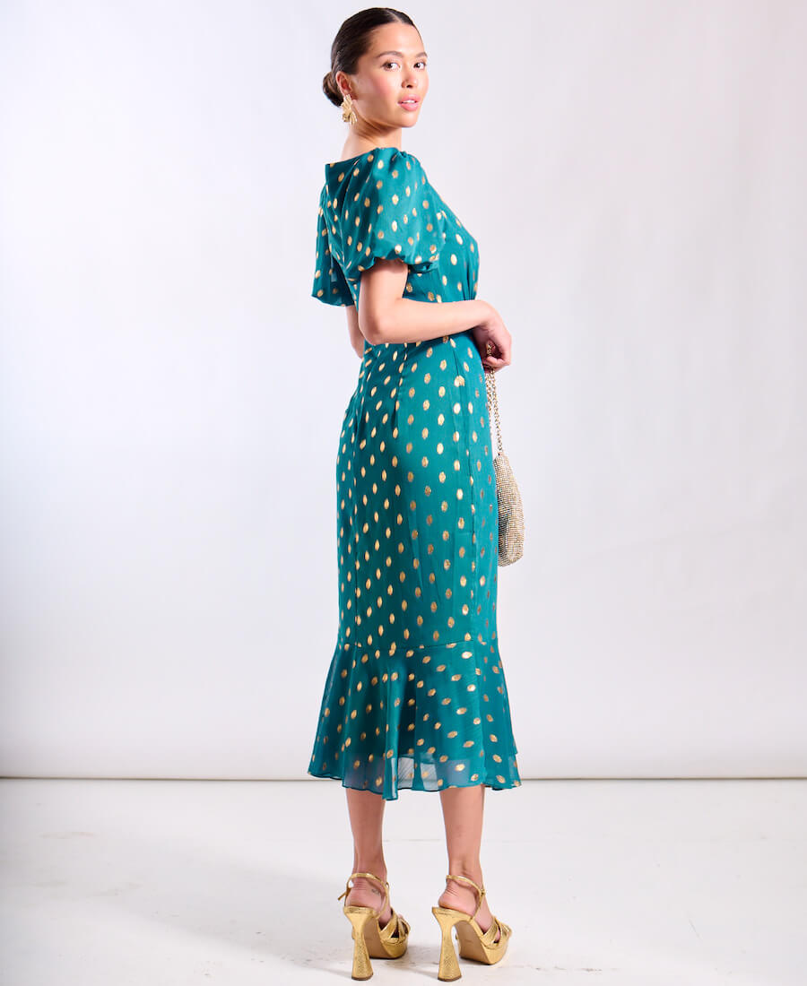 Teal Chiffon Foil Puff Sleeve Midi Dress