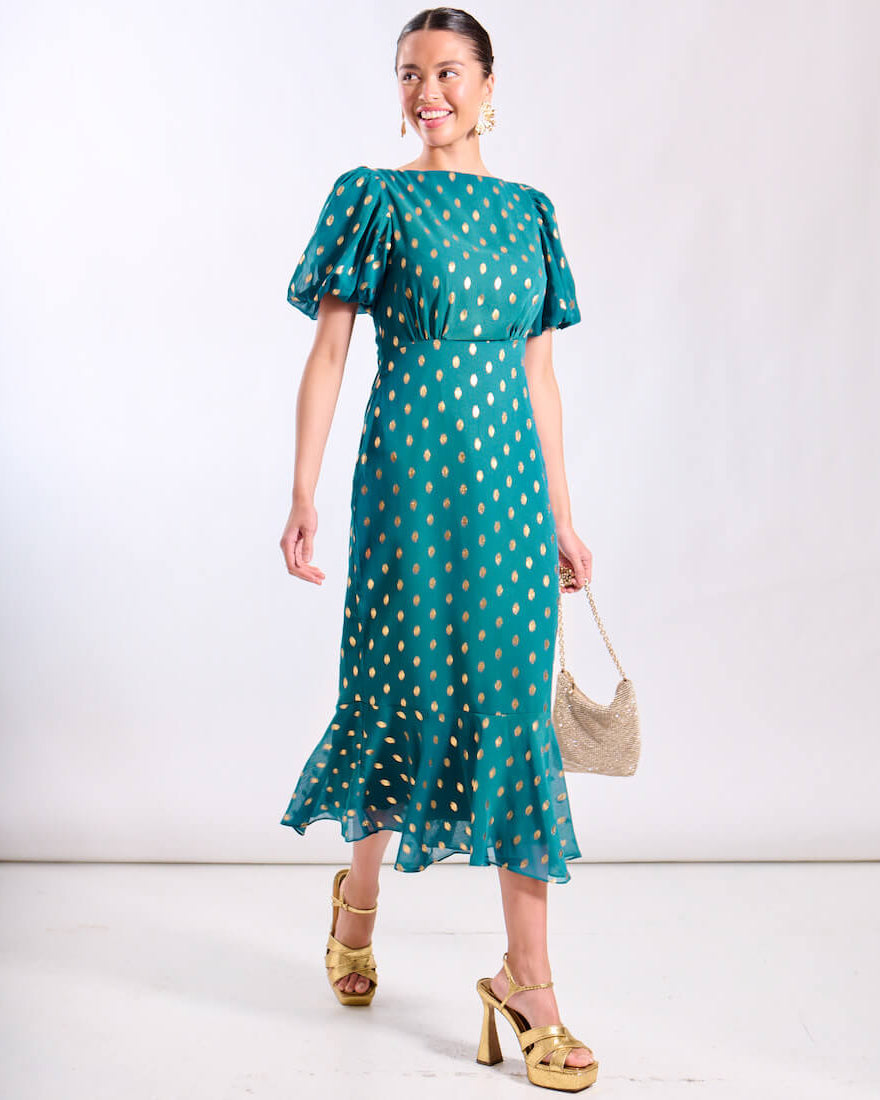 Teal Puff Sleeve Midi Dress