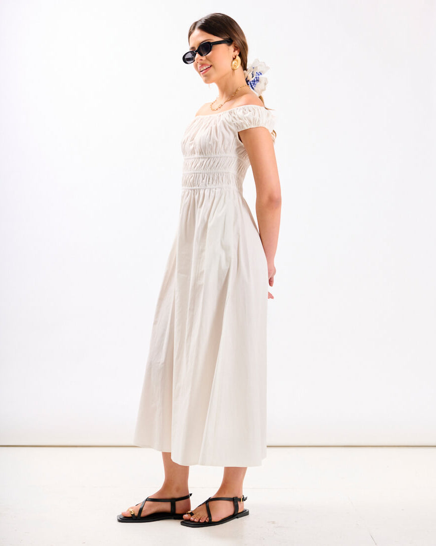 White Cotton Bardot Midi Dress
