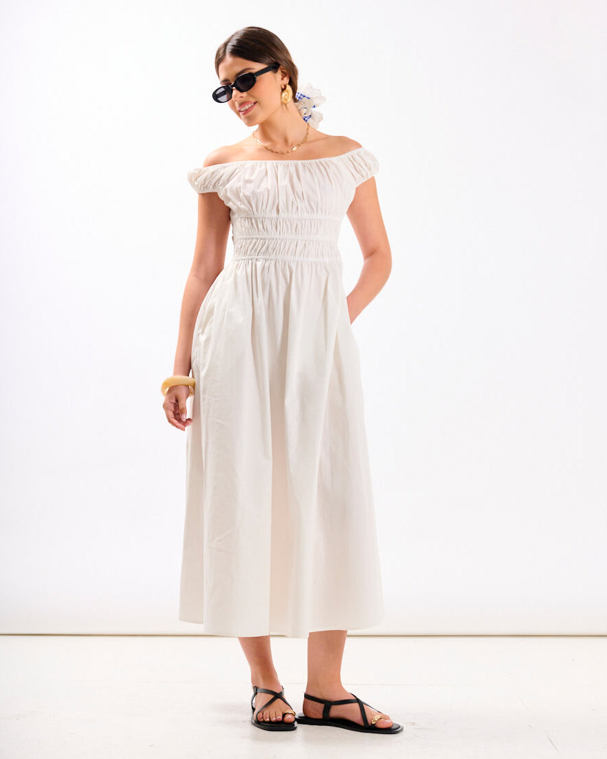 White Cotton Bardot Midi Dress