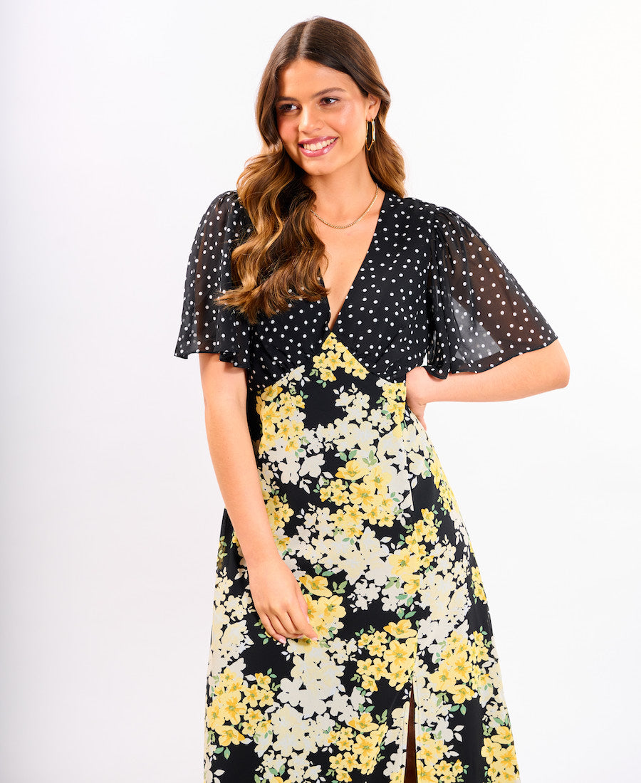 Yellow Floral Flutter Sleeve Midi Dress