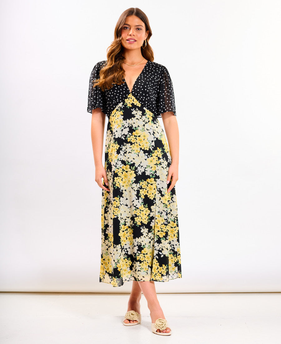 Yellow Floral Flutter Sleeve Midi Dress