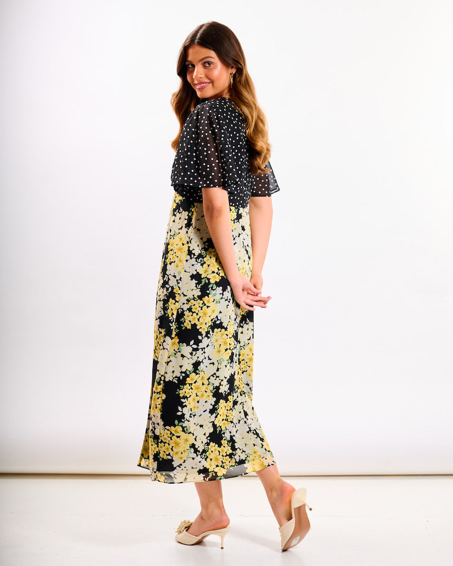 Yellow Floral Flutter Sleeve Midi Dress