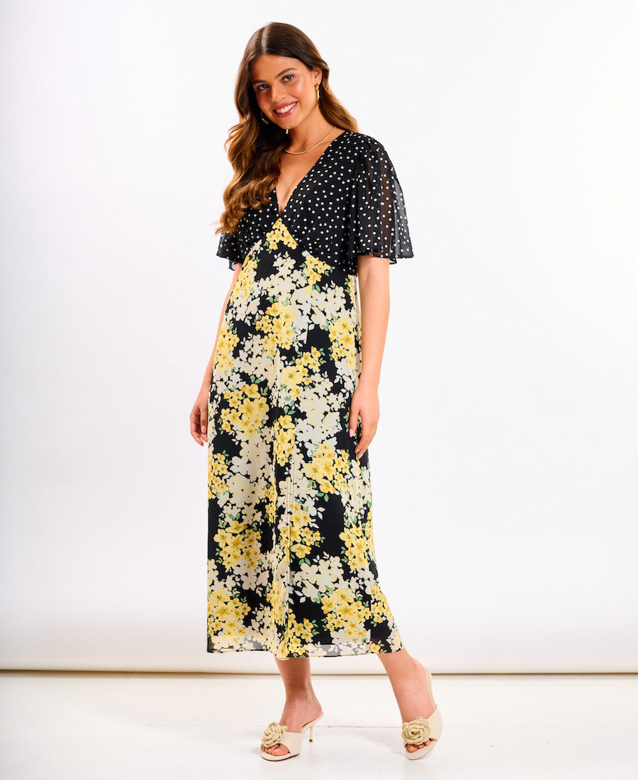 Yellow Floral Flutter Sleeve Midi Dress