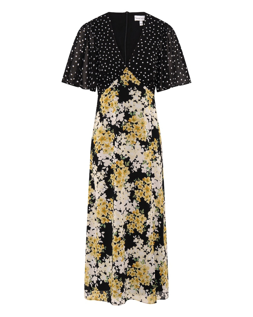 Yellow Floral Mix Flutter Sleeve Midi Dress