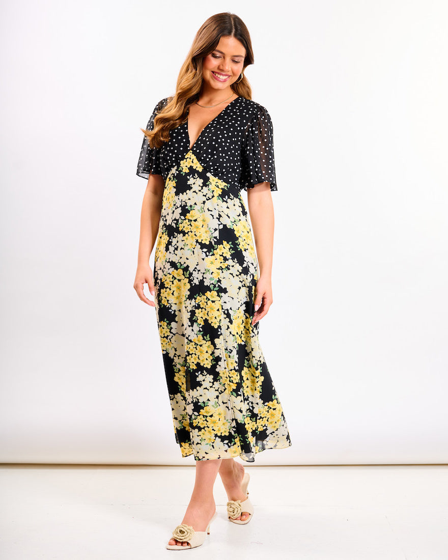 Yellow Floral Flutter Sleeve Midi Dress