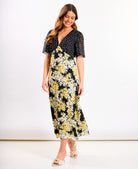 Yellow Floral Flutter Sleeve Midi Dress