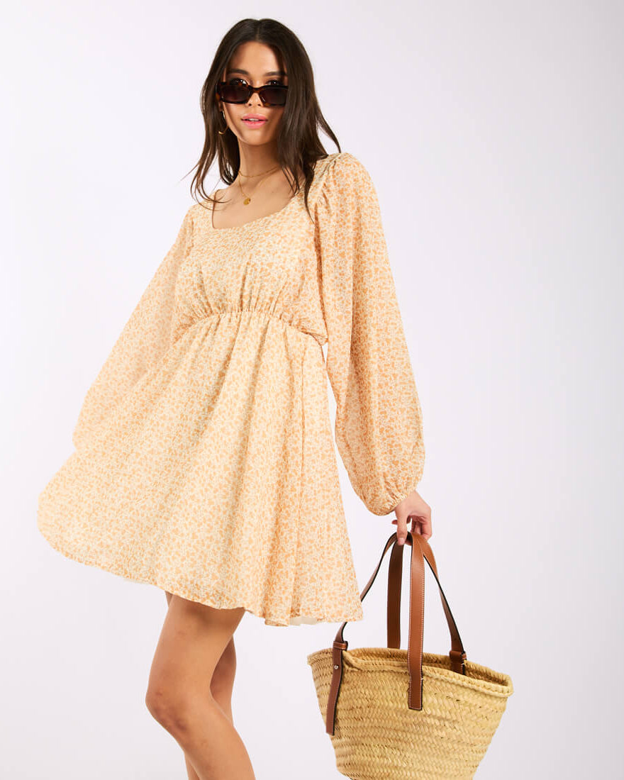 Yellow Floral Swing Dress Long Sleeve