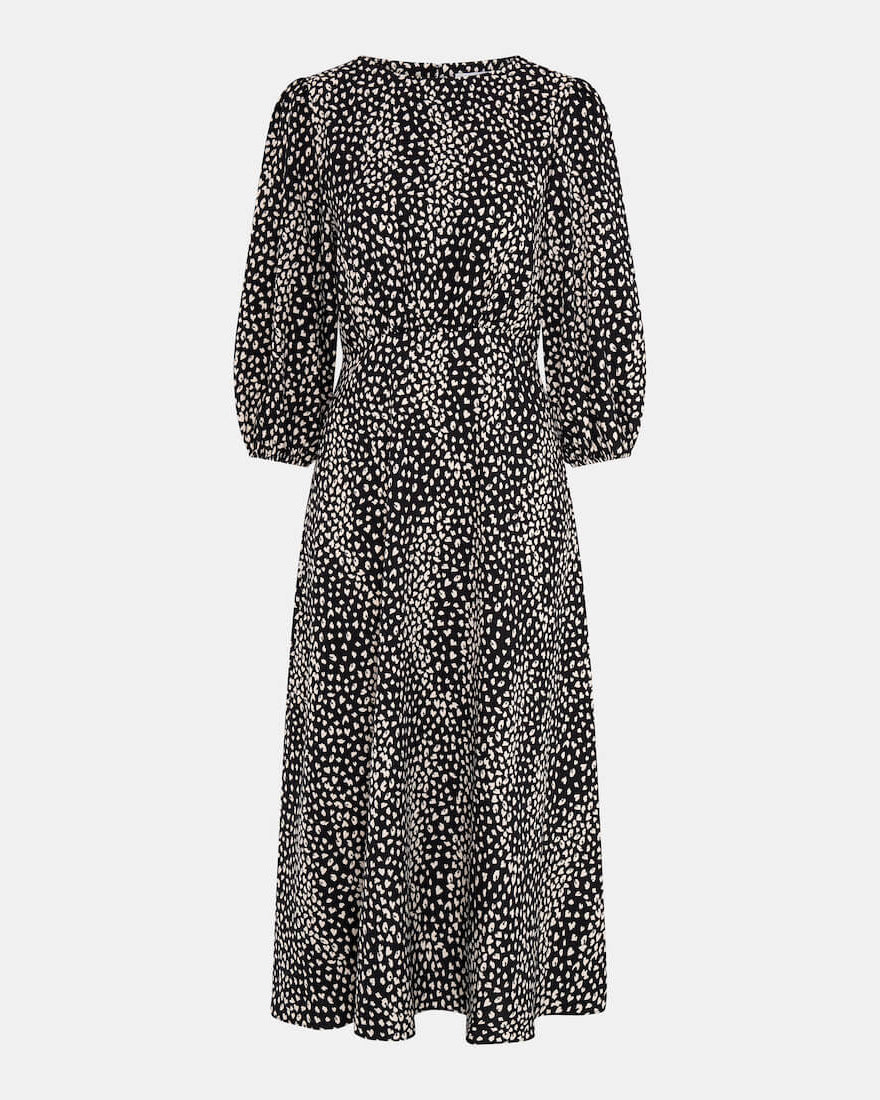 black spotty quarter sleeve midi dress