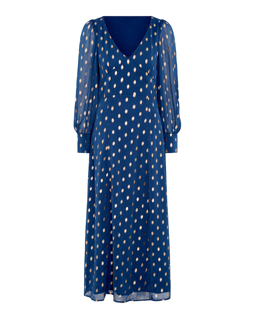 Blue Foil Maxi Dress long sleeves