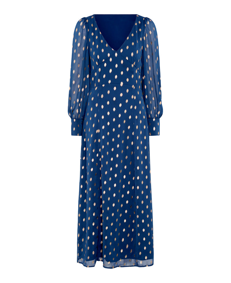 Blue Foil Maxi Dress long sleeves