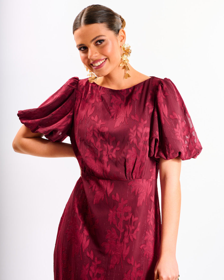 Burgundy Shimmer Puff Sleeve Midi Dress