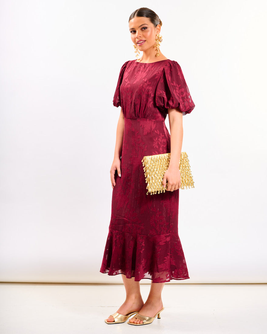 Burgundy Shimmer Puff Sleeve Midi Dress
